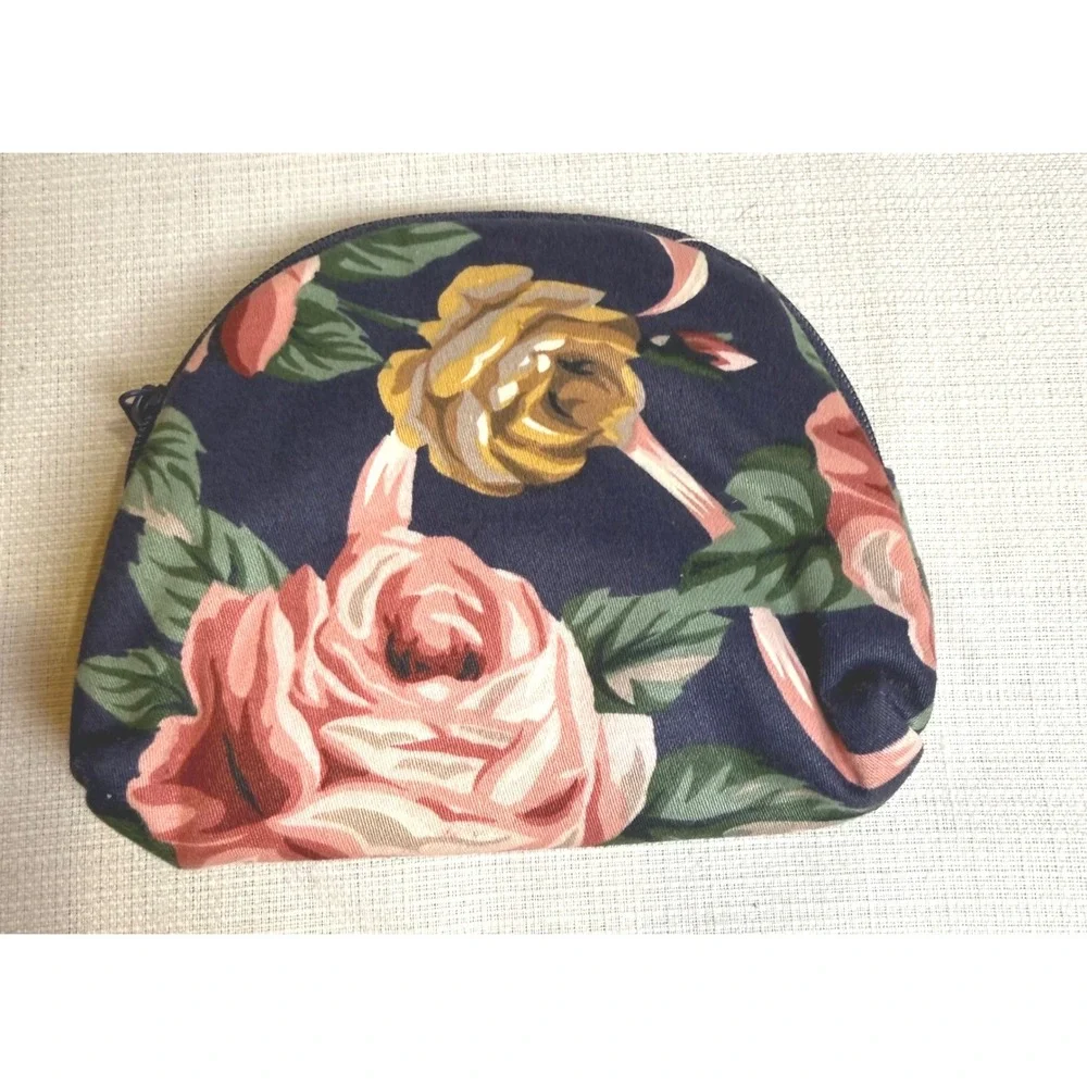 Vintage Style‎ Floral Rose Makeup Bag Navy Blue Dome Cosmetic Pouch Zipper Case